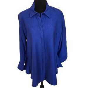 Boho Chic Womens Long Sleeve Hidden Button Shirt Blouse Blue Size Large